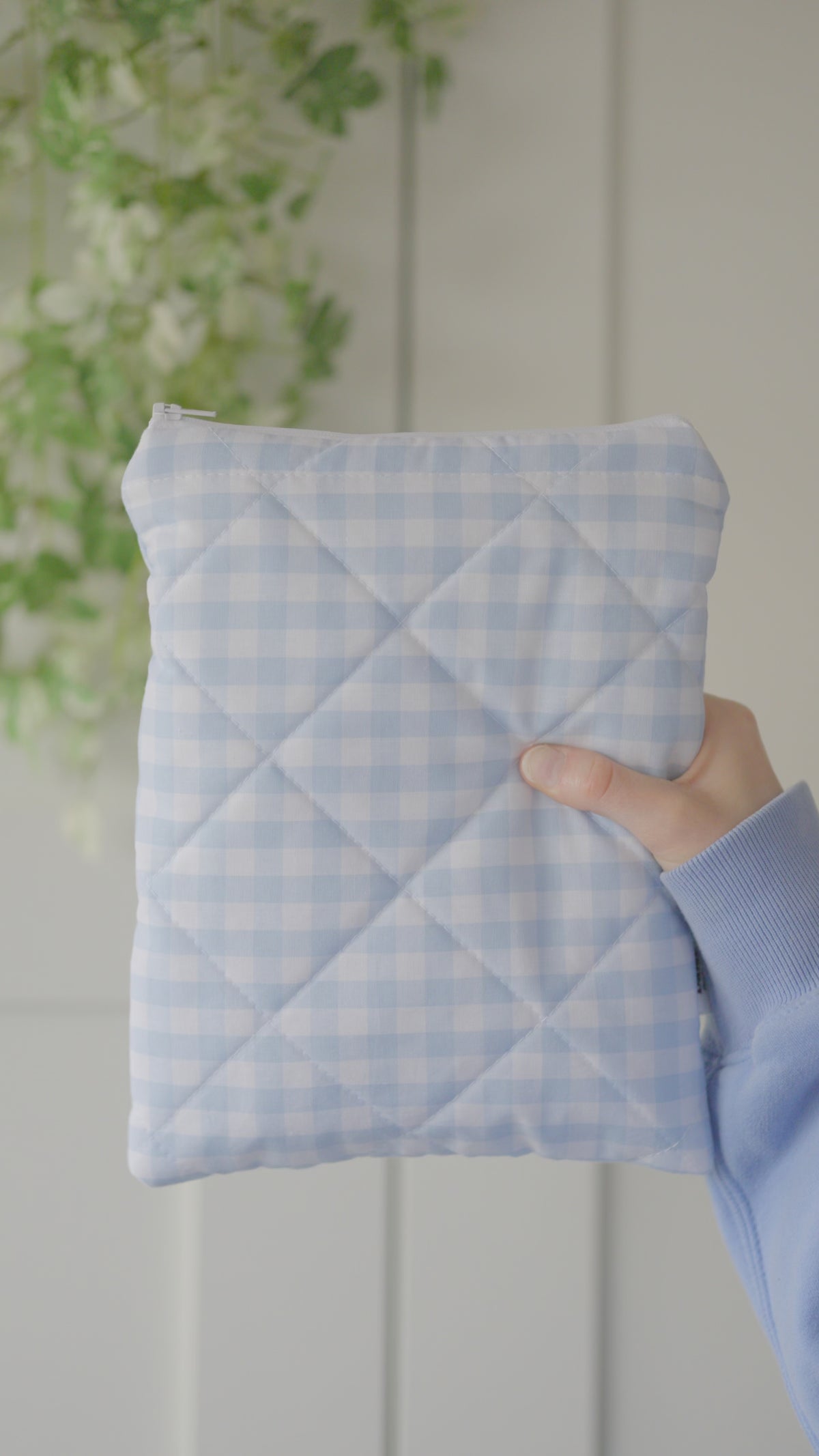 Quilted light blue gingham book sleeve