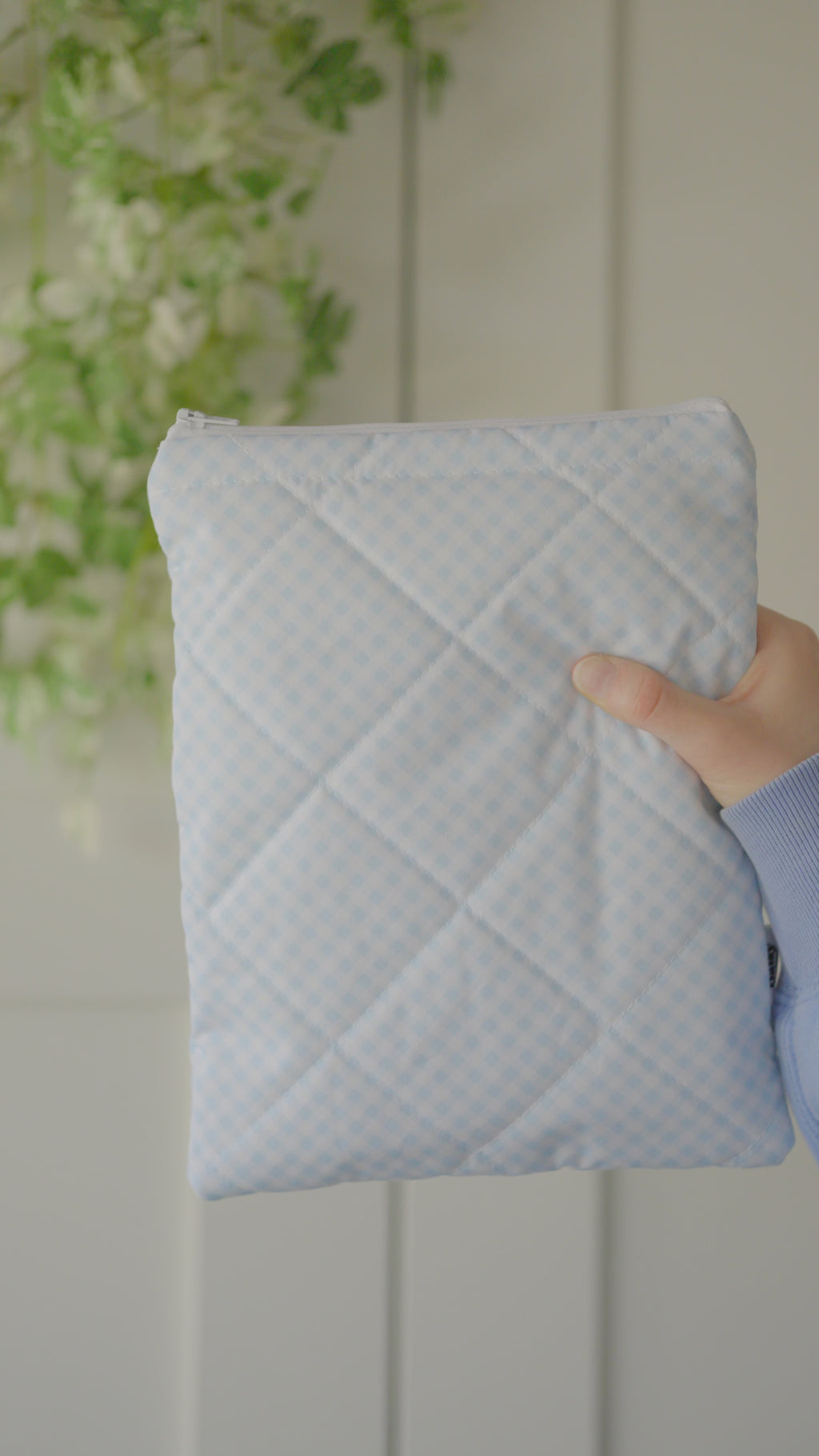 Quilted light blue diagonal gingham book sleeve