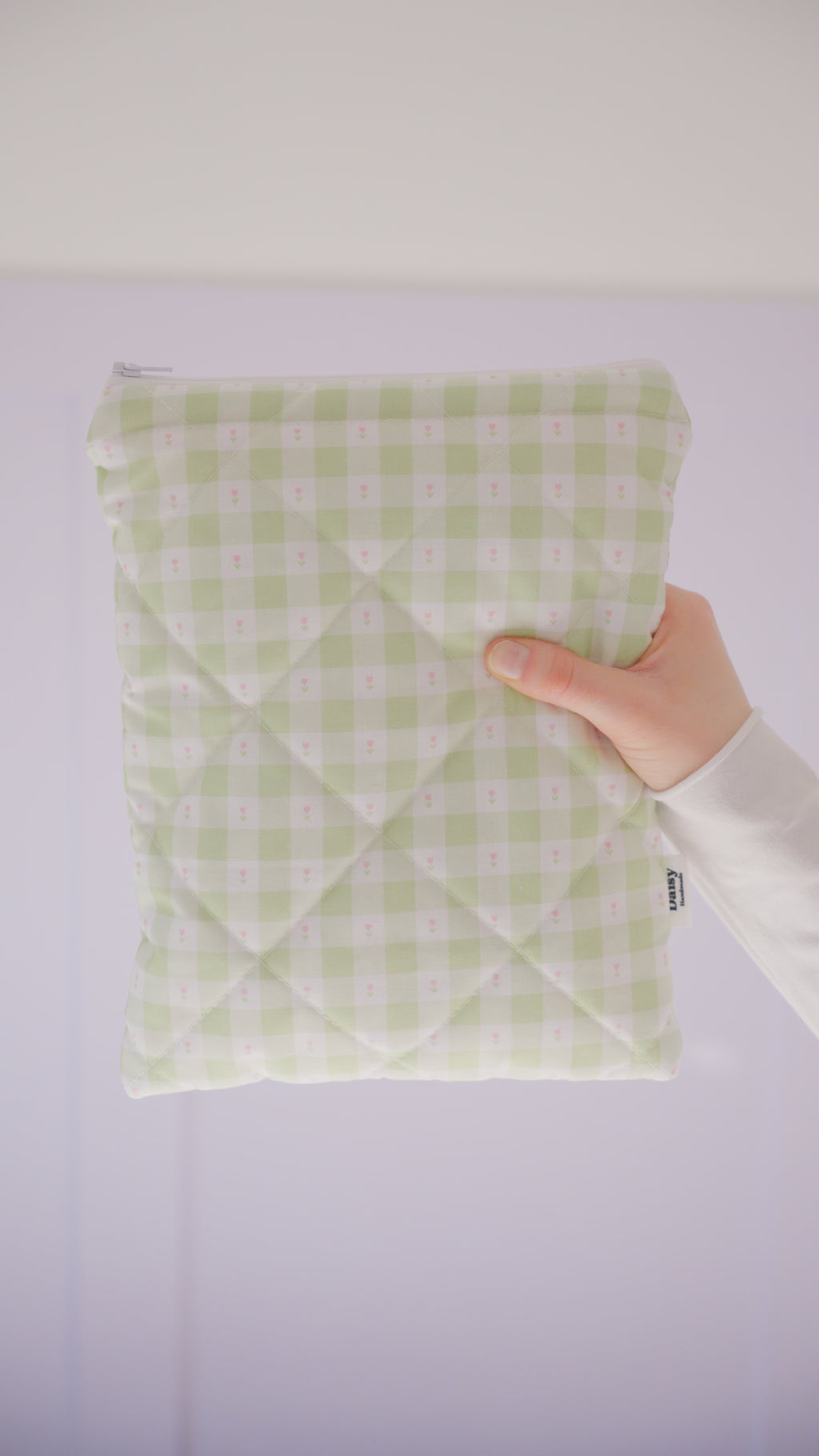 Quilted green gingham with tulips book sleeve