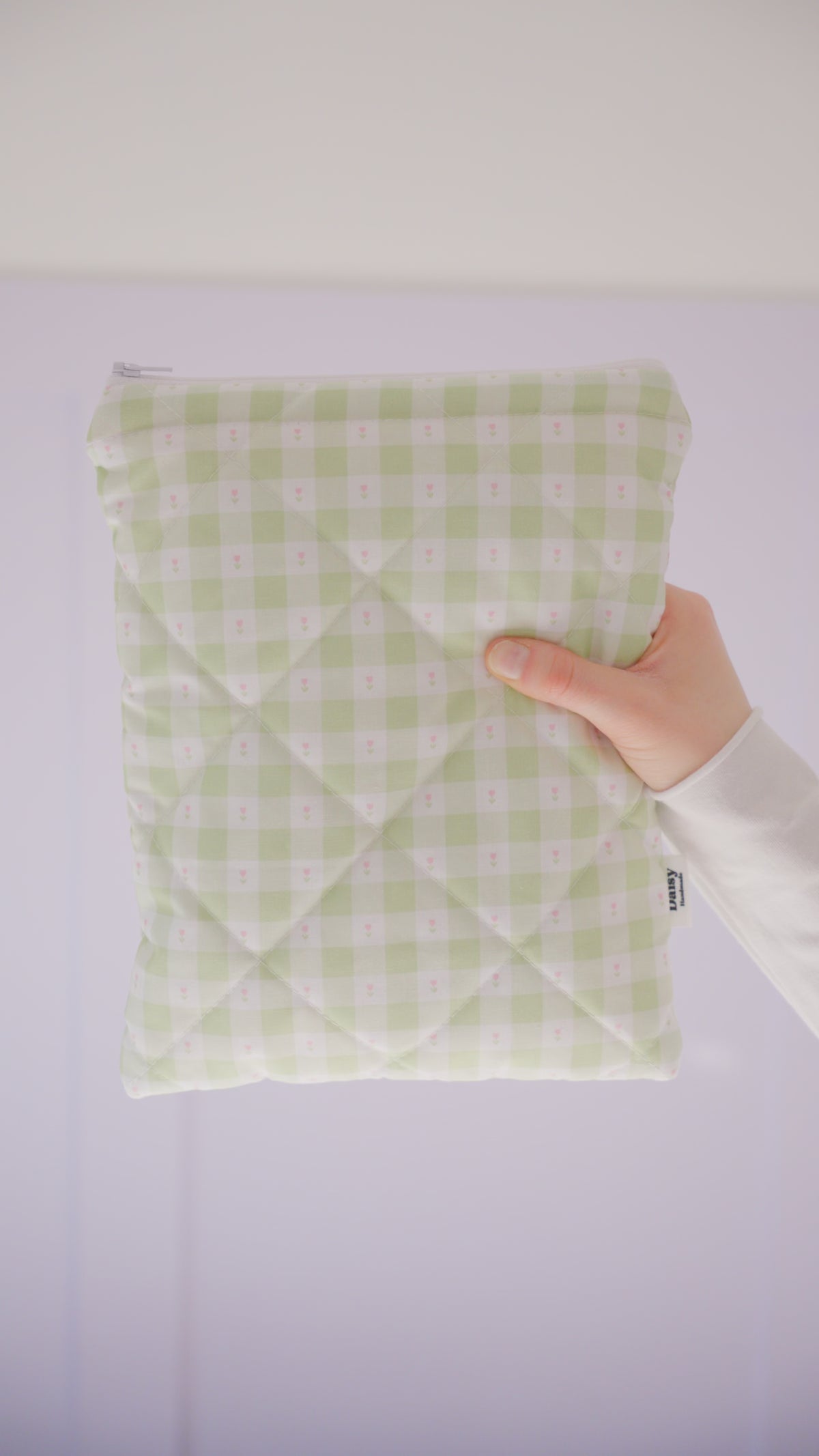 Quilted green gingham with tulips book sleeve