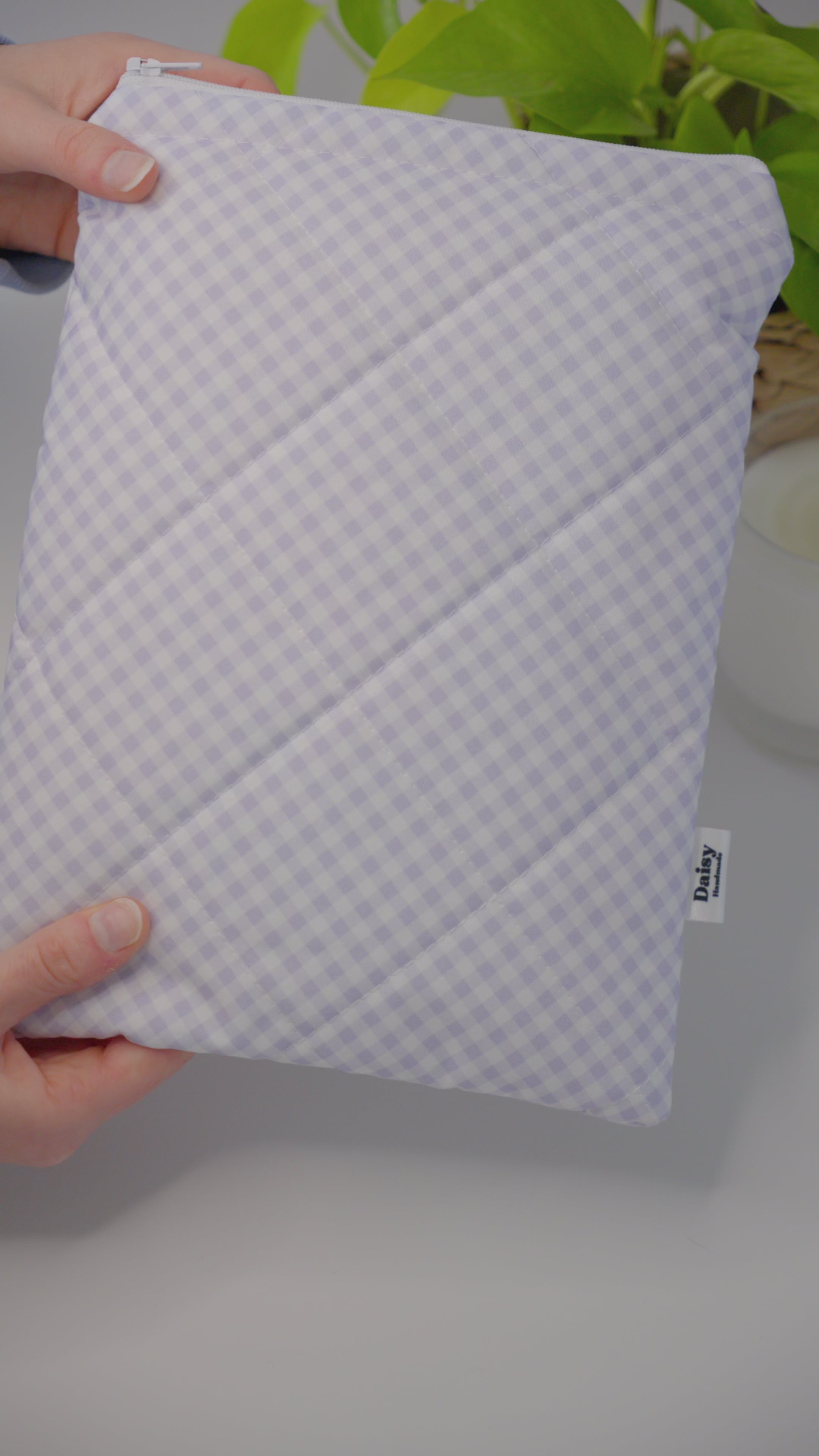 Quilted purple diagonal gingham book sleeve